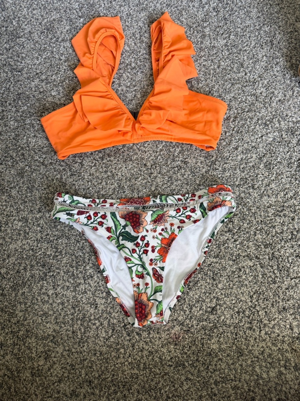 Bright Orange Ruffle Bikini Top with Floral Bikini Bottom